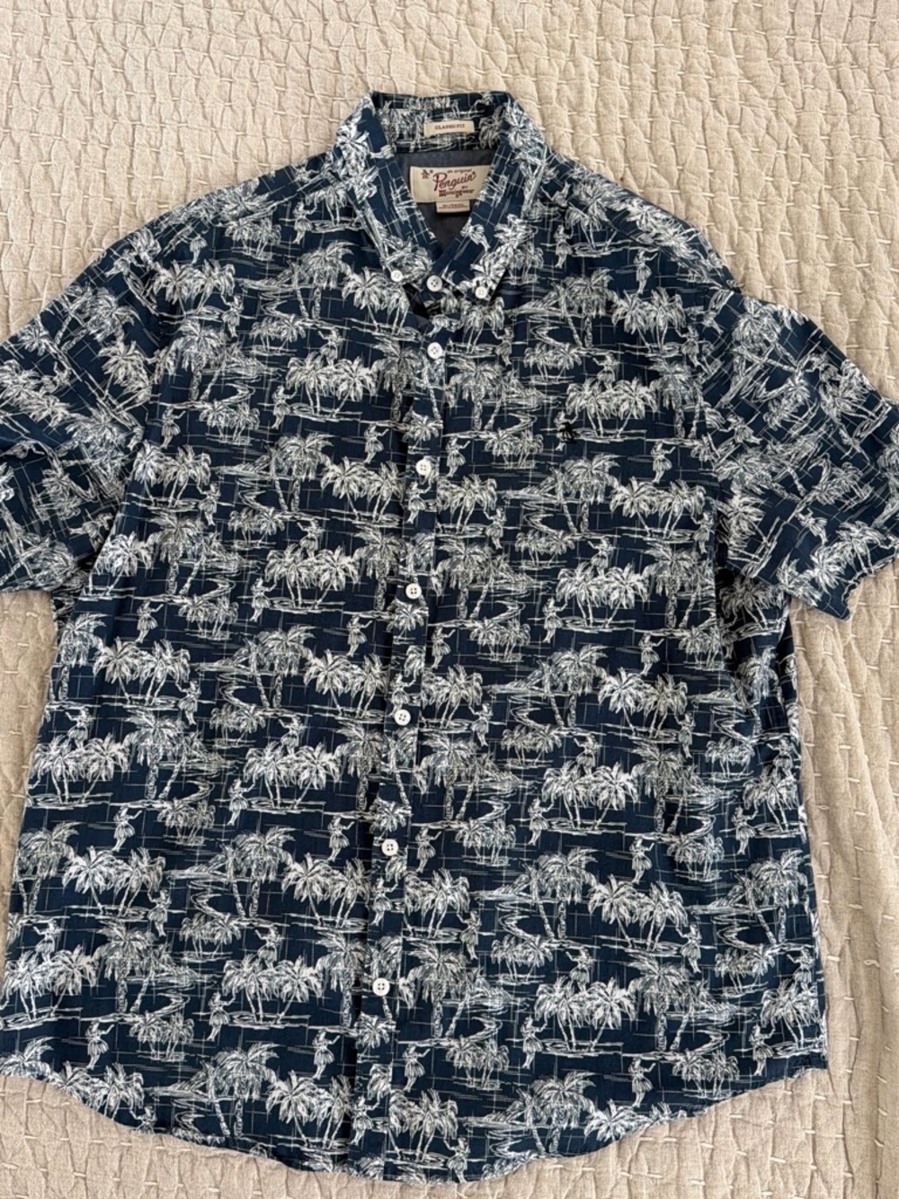 Original Penguin Navy and White Palm-Print Short Sleeve Button-Down Shirt